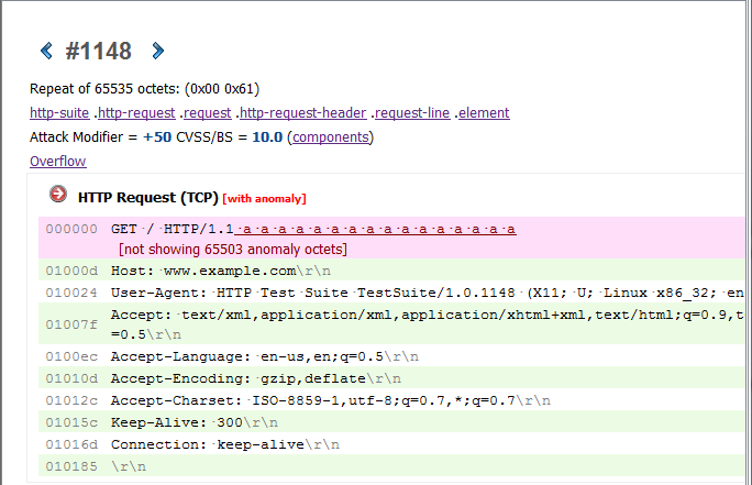 How big is the malformed request packet sent from the test suite?