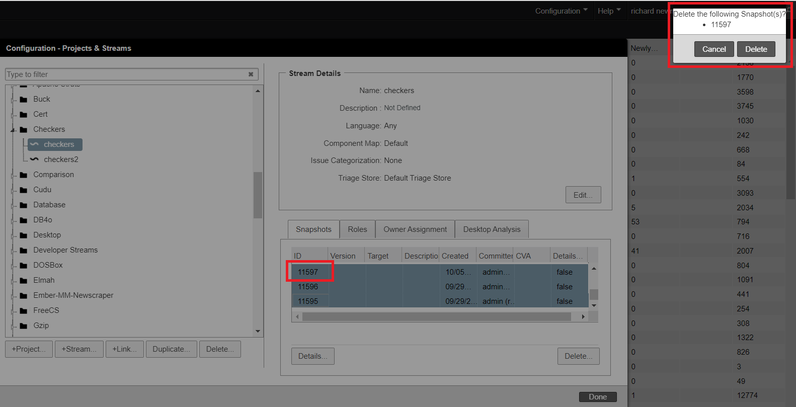 Unexpected Behavior in Deleting Multiple Snapshots Coverity Connect