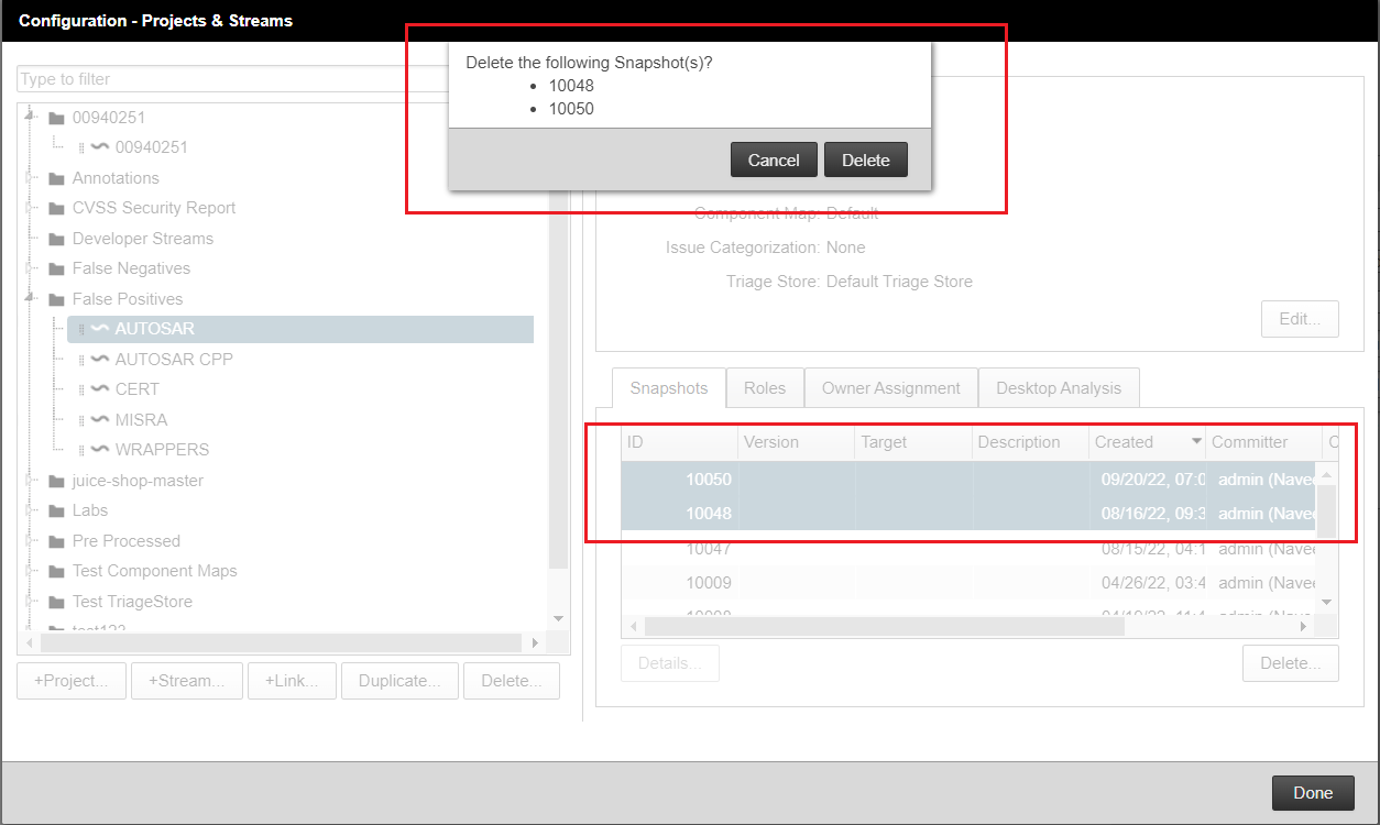 Unexpected Behavior in Deleting Multiple Snapshots Coverity Connect