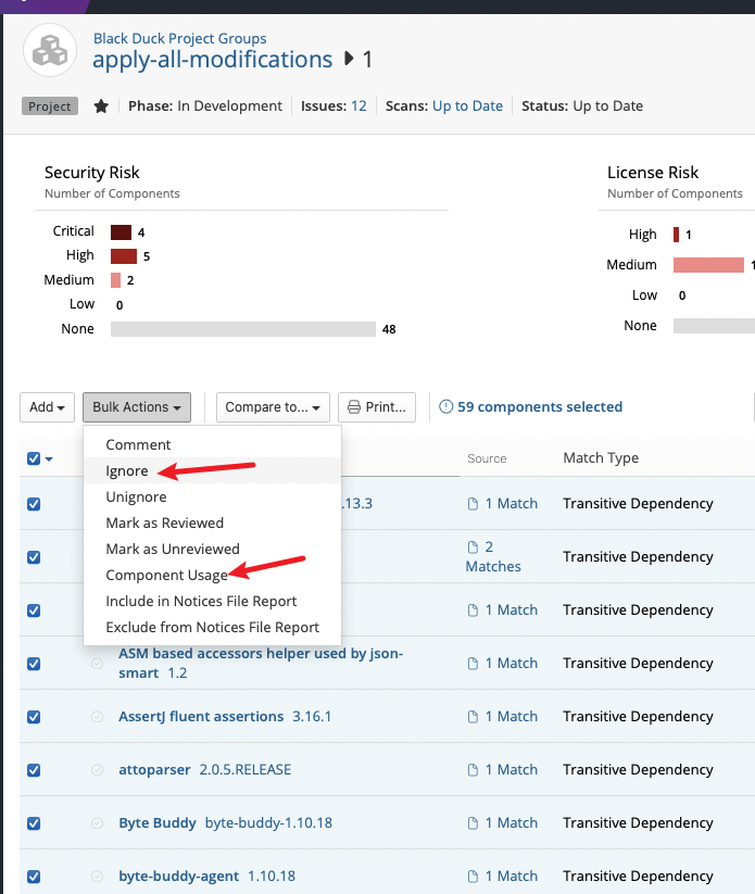 Changing component usage or Ignore from bulk action doesn't update ...