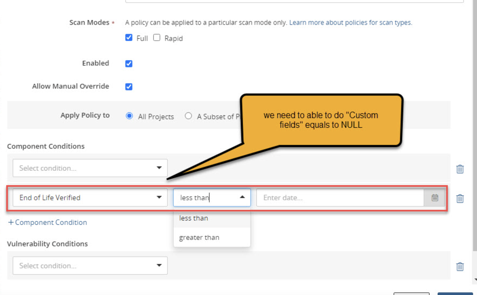 Need the ability to compare custom fields to NULL