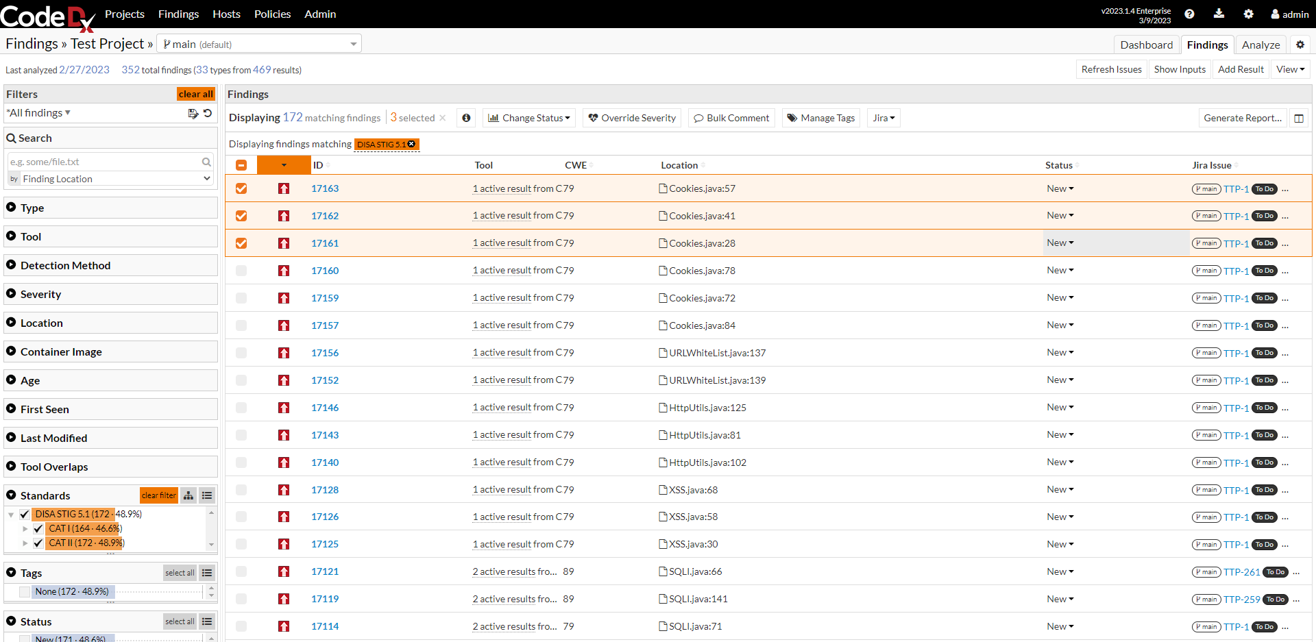 Code Dx Standards Filter DIS STIG 5.1 (CAT I and CAT II overlap)