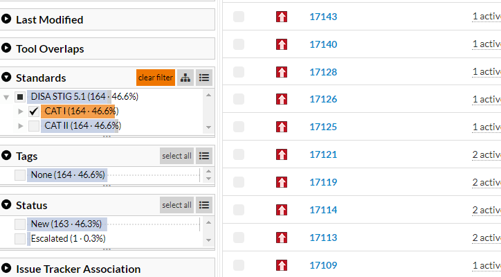 Code Dx Standards Filter DIS STIG 5.1 (CAT I and CAT II overlap)