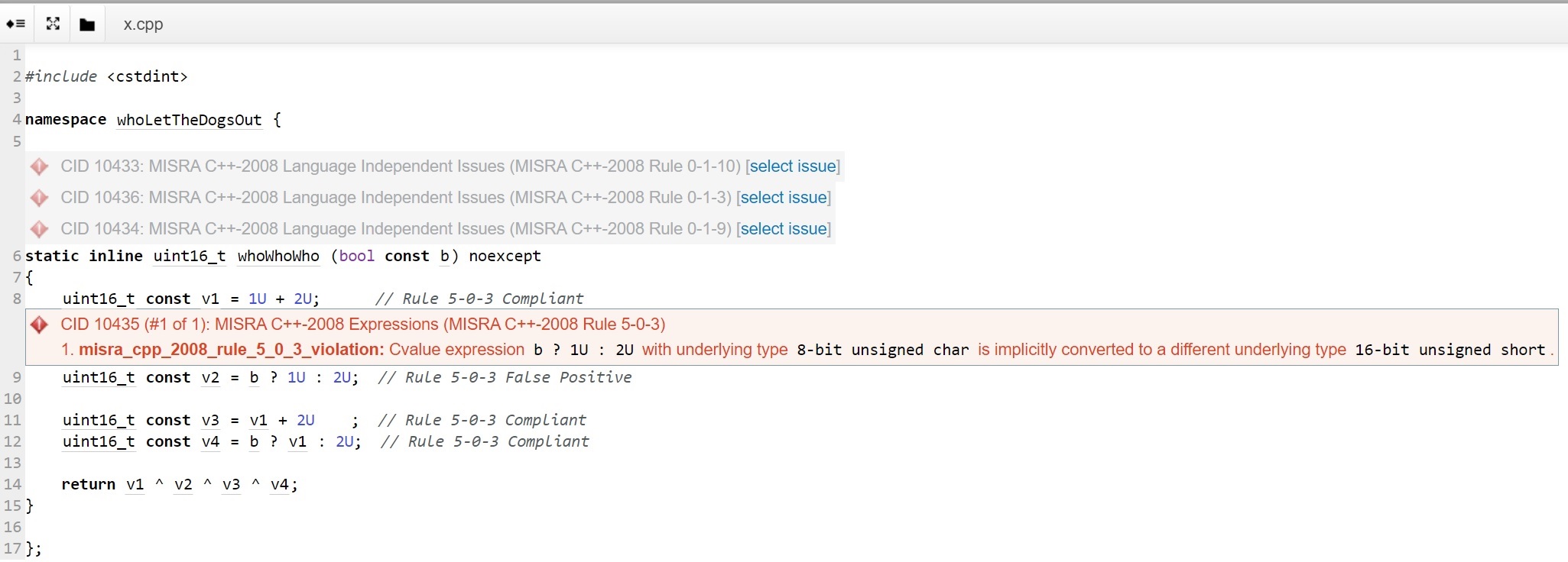 MISRA C++ Rule 5-0-3 False Positive