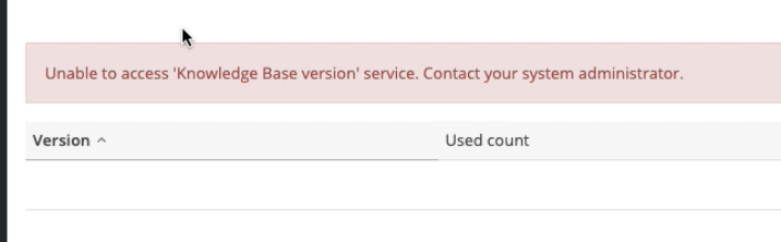 Unable to access 'Knowledge Base version' service. Error
