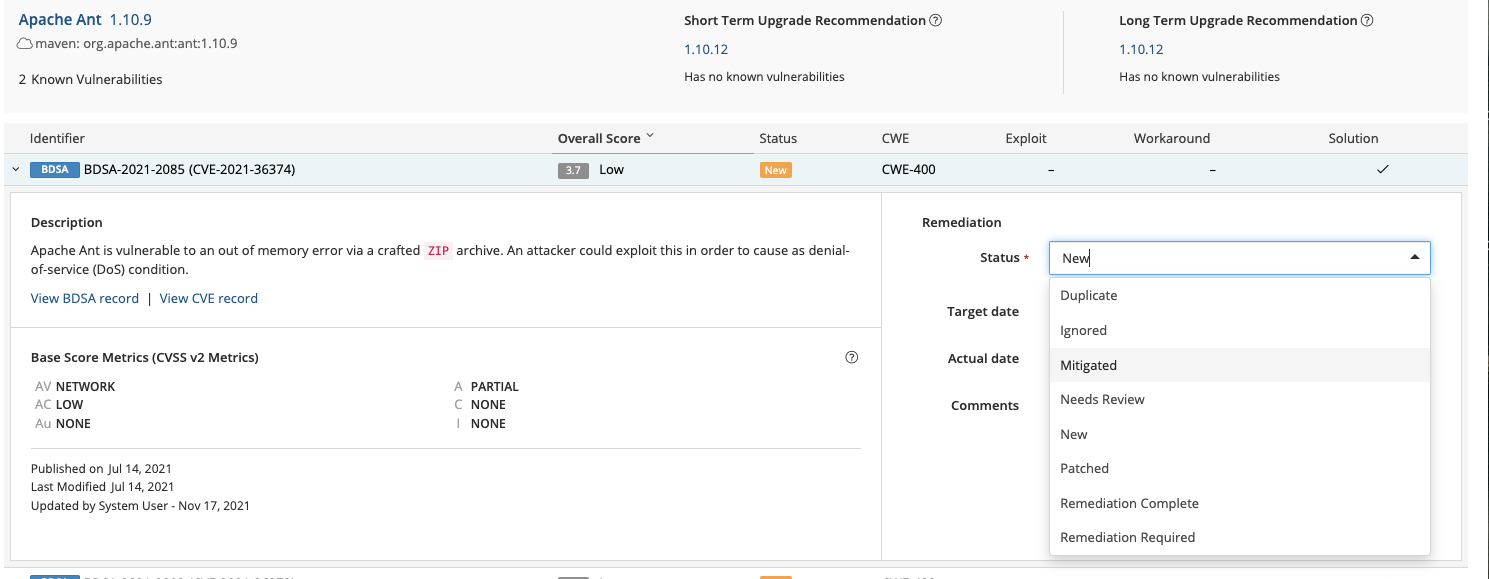 Bulk Remediation of Vulnerability of a Component across multiple projects