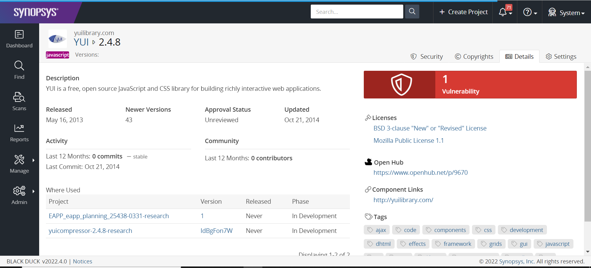 BlackDuck Hub Shows Different Number of Vulnerabilities between