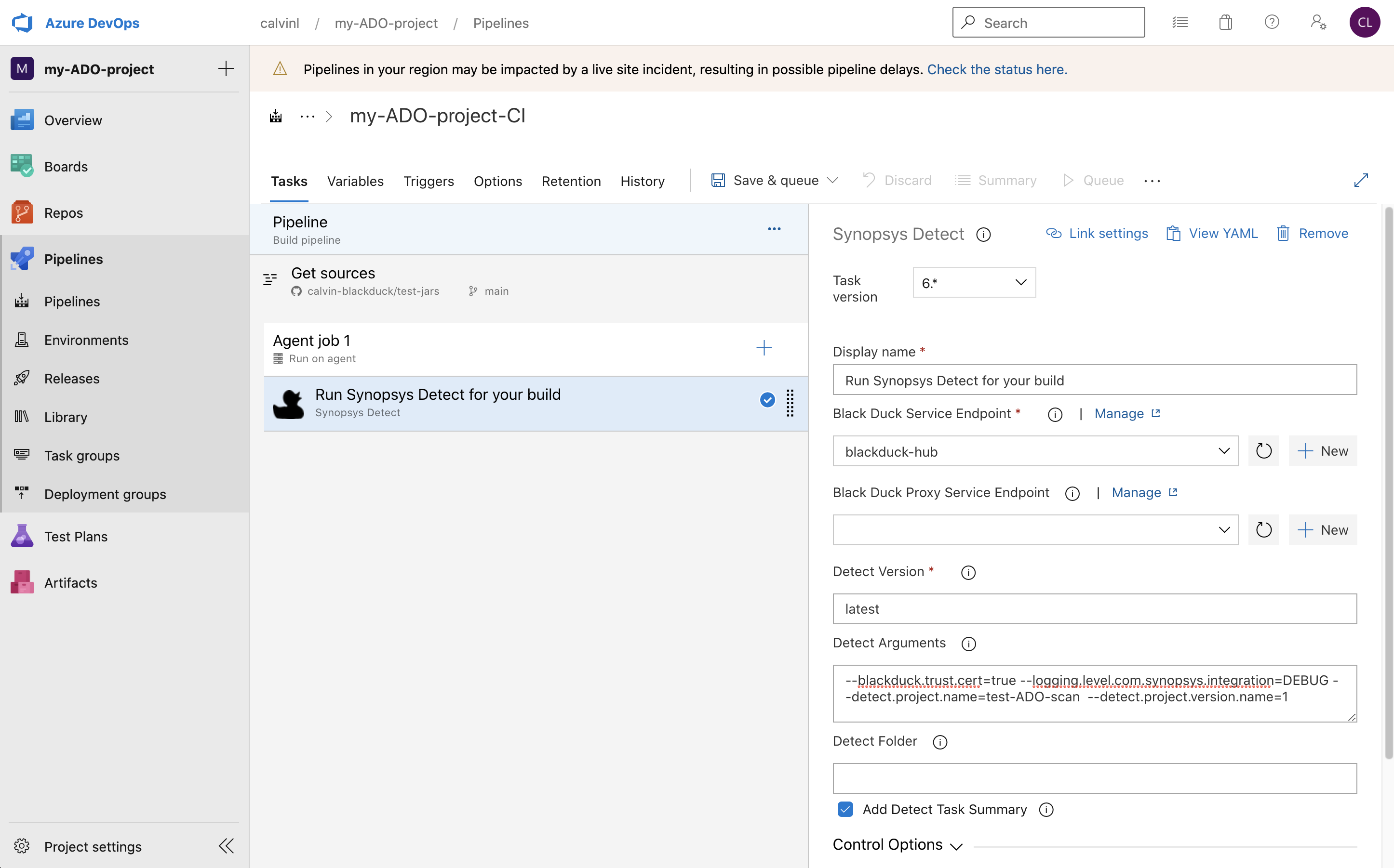 How to pass in Detect arguments in Azure DevOps plugin