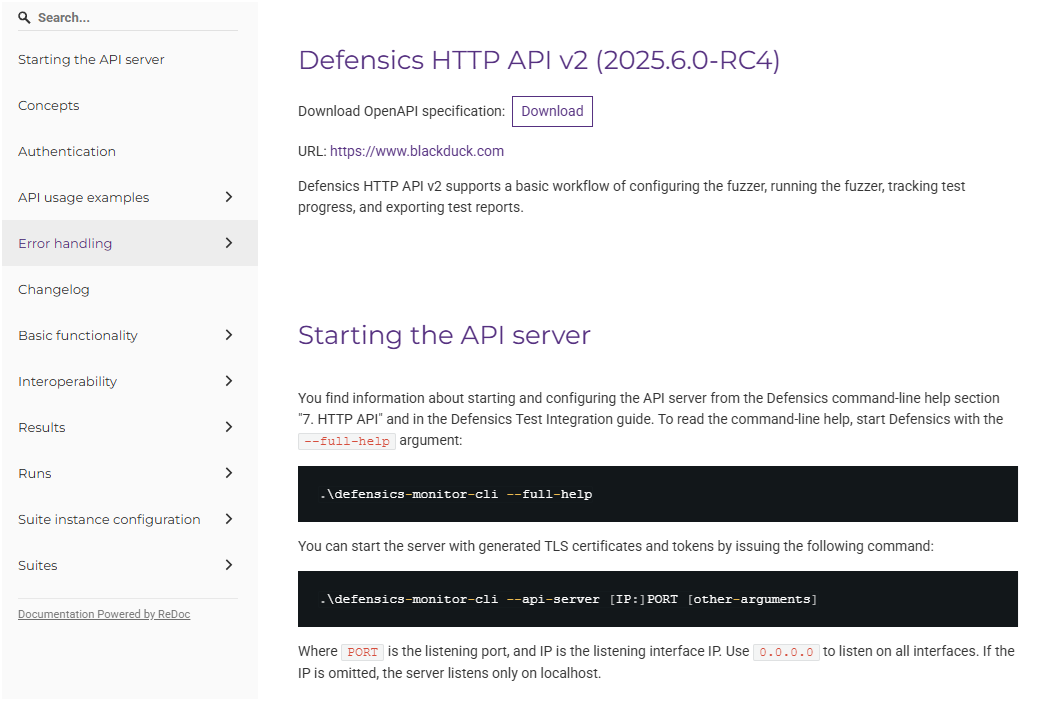 Defensics: Running HTTP API v2 Server